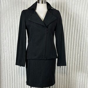 Vintage Isisport black Paisley print Moto style blazer matching mini skirt 4